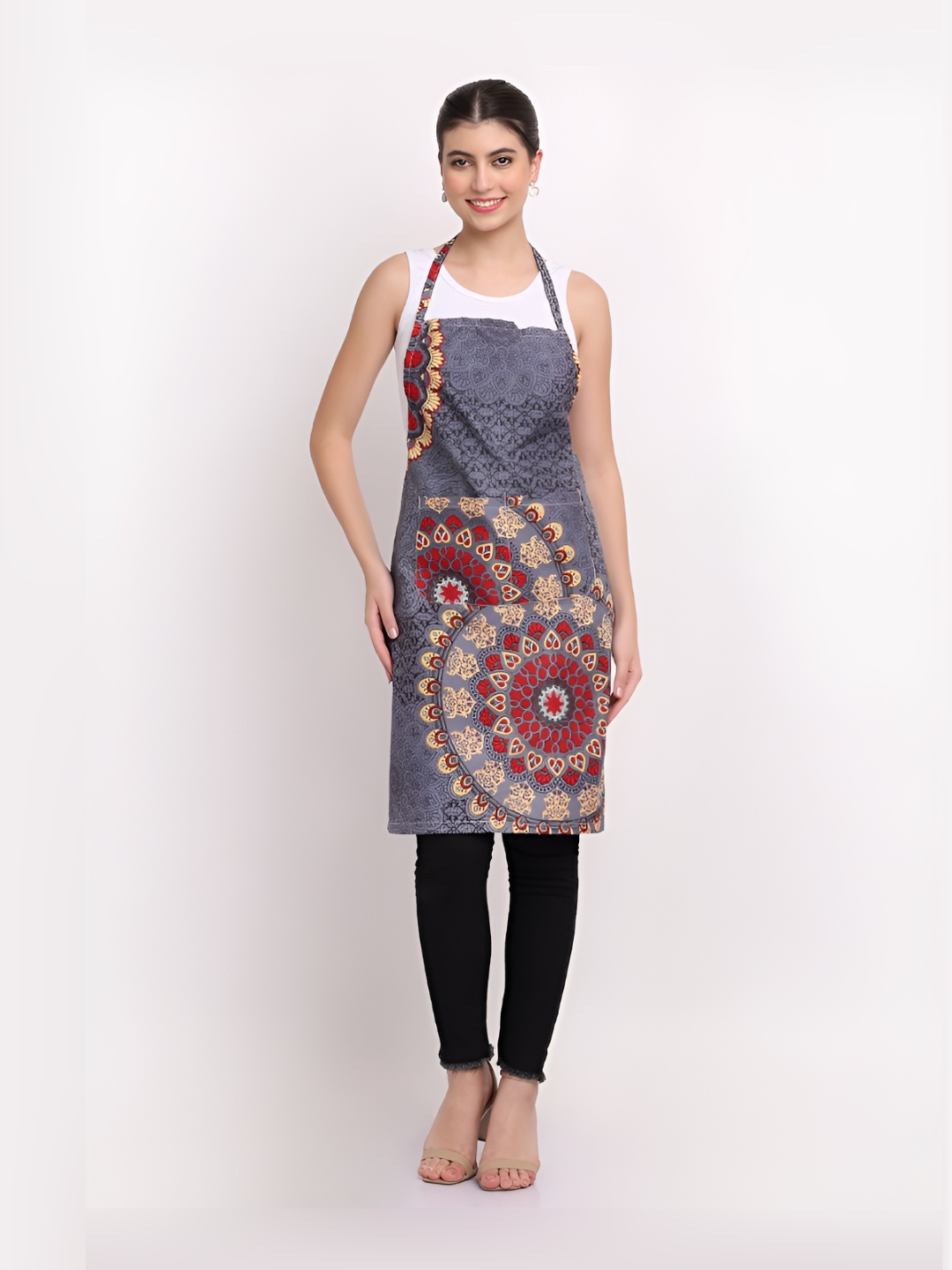 

Arrabi Grey & Red Floral Printed Cotton Aprons With 2 Patch Pockets