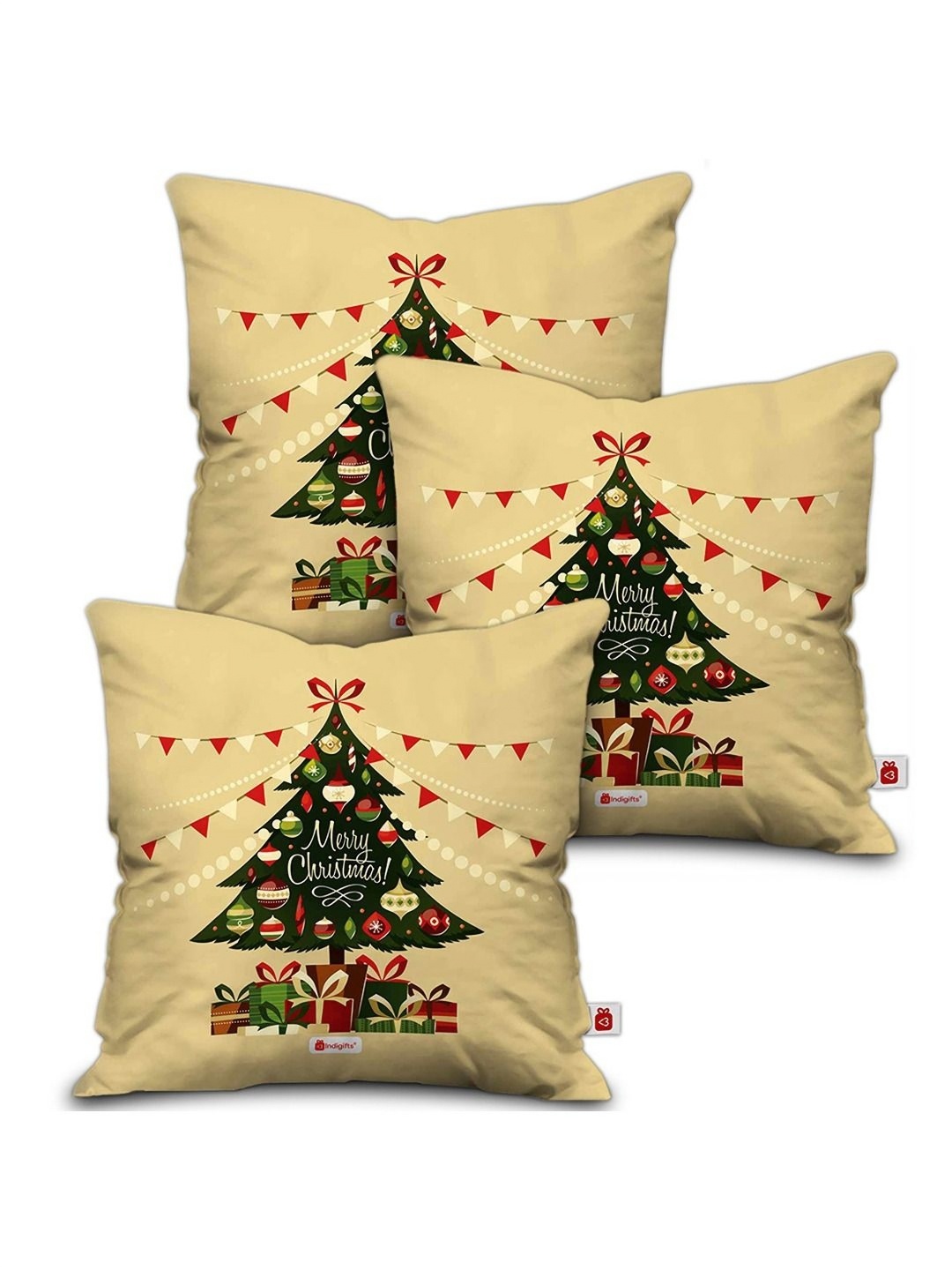 

Indigifts 3-Pcs Beige & Green Merry Christmas Printed Filled Cushions