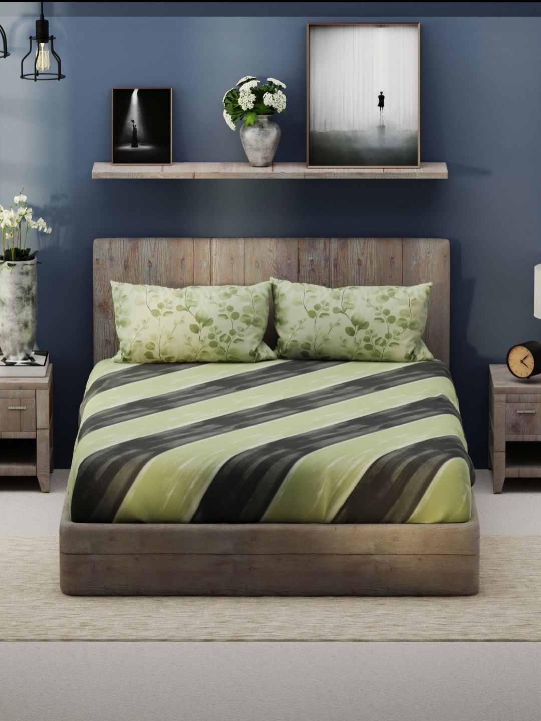 

KOPA Santiago Green Striped Microfiber 200 TC King Bedsheet Set 2.31 m X 2.69 m