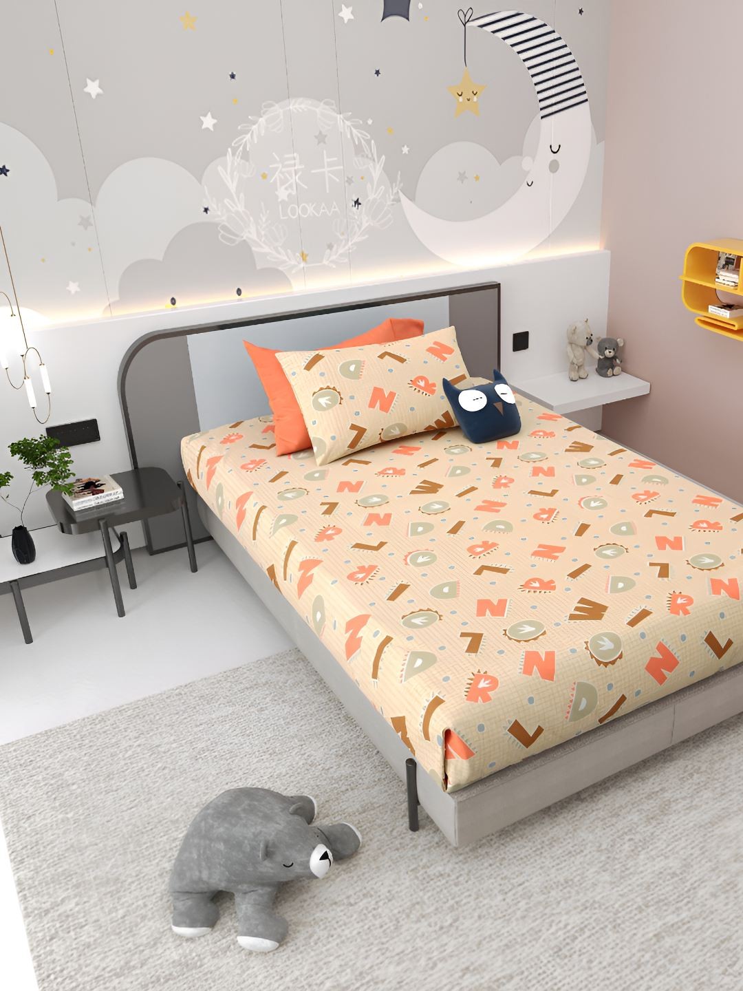 

Jinaya's Orange Colored Printed Pure Cotton 300 TC Single Bedsheet Set 2.28 x 1.52m