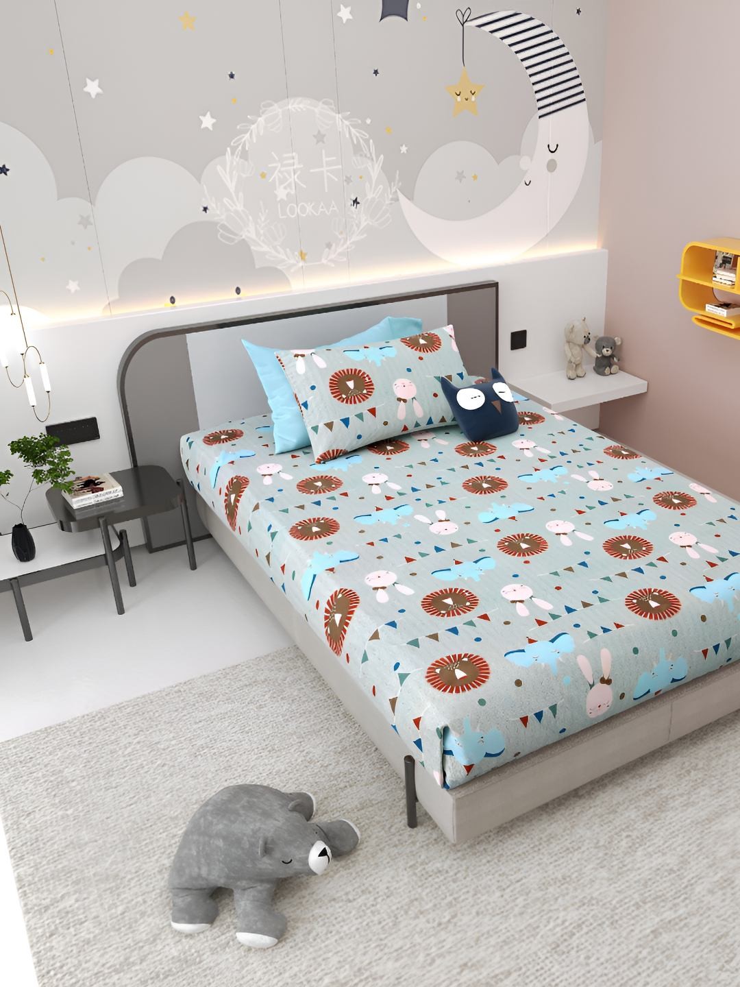 

Jinaya's Multicoloured & Multicoloured Cartoon Characters 300 TC Single Bedsheet with 1 Pillow Covers, Multi