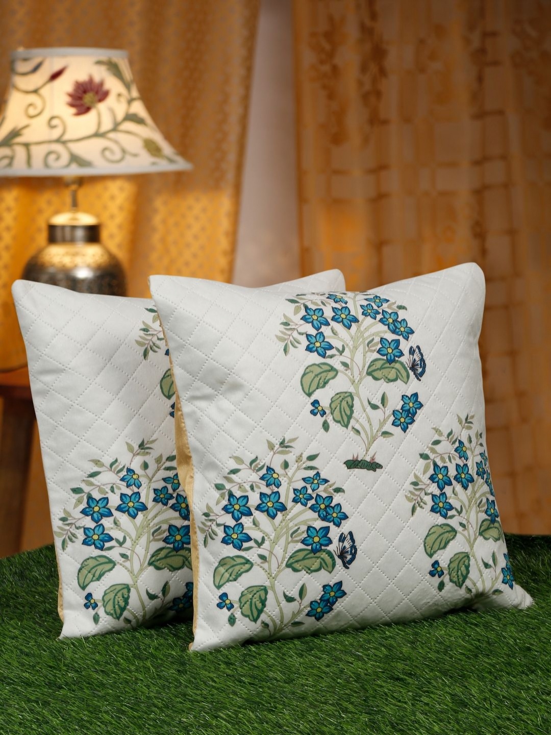 

SOKNACK White & Blue 2 Pieces Floral Velvet Square Cushion Covers
