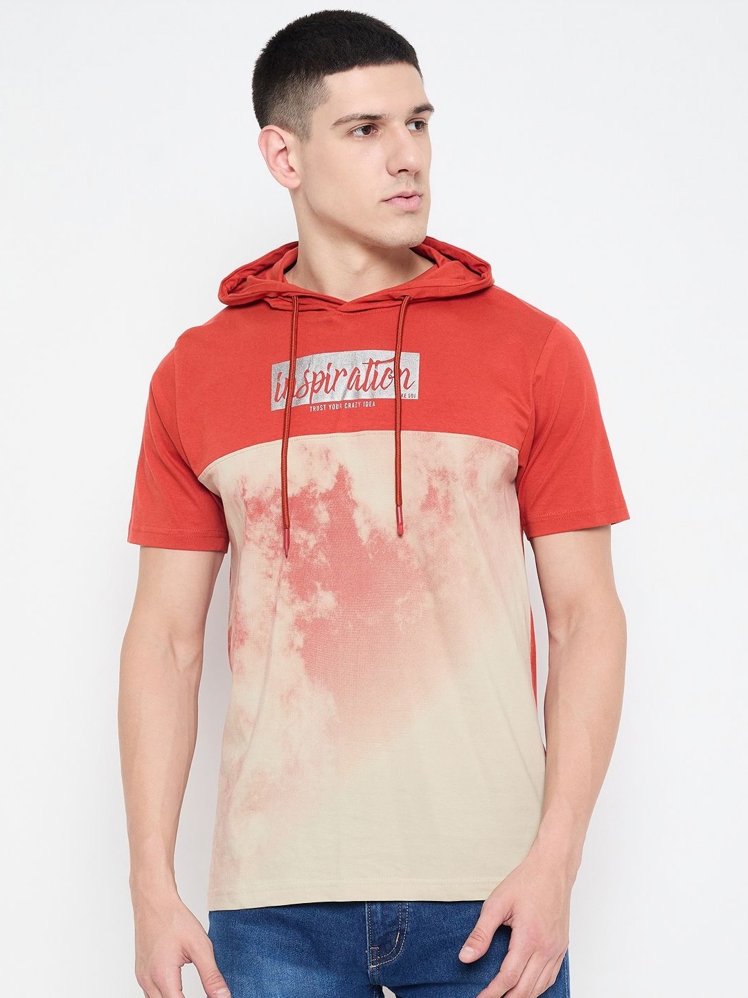 

Duke Men Colourblocked Printed Hooded Slim Fit T-shirt, Orange