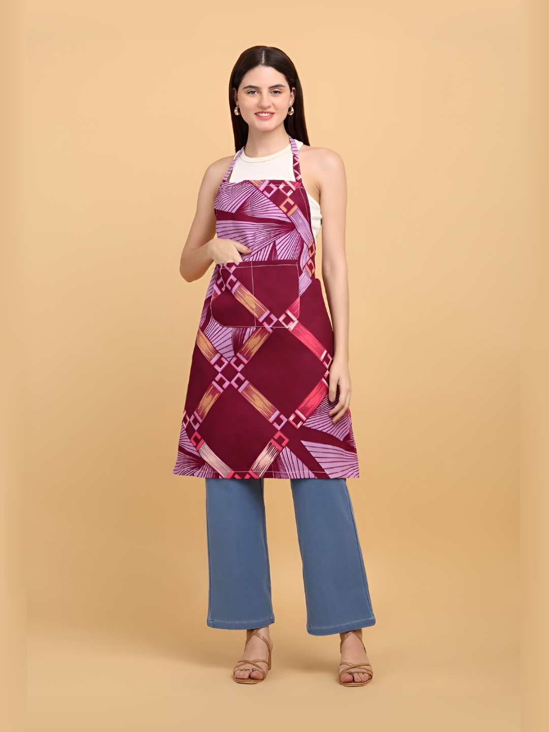 

Arrabi Violet Geometric Printed Cotton Apron with 2 Patch Pockets
