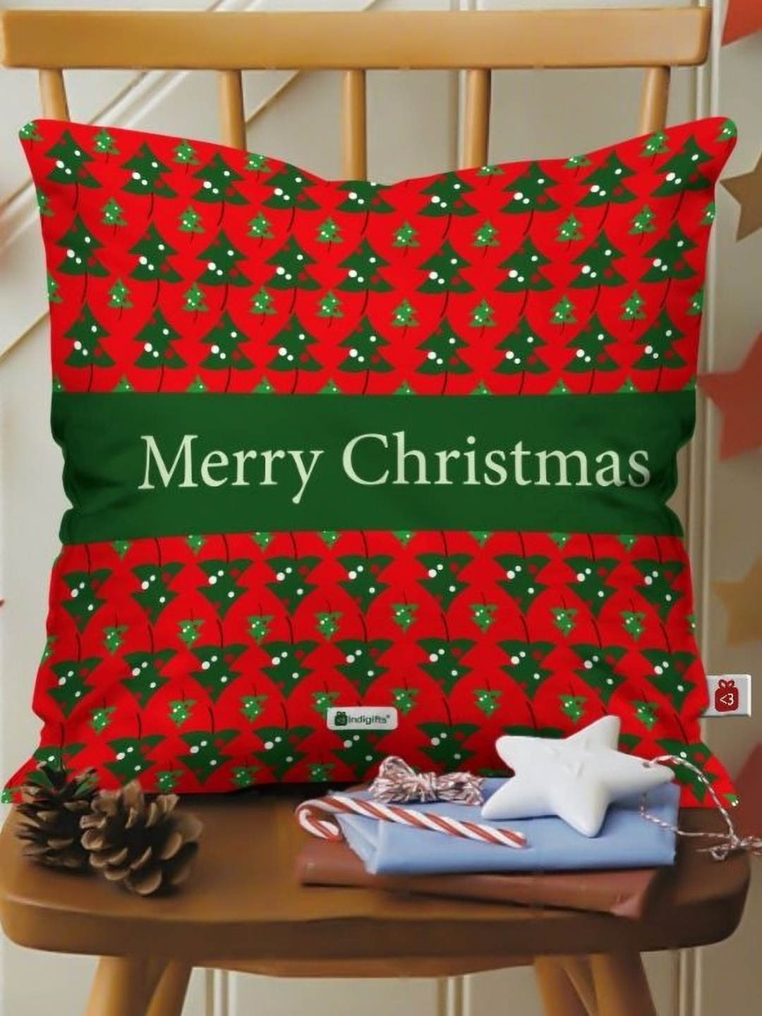 

Indigifts Green and Red Printed Pre-Filled Cushion