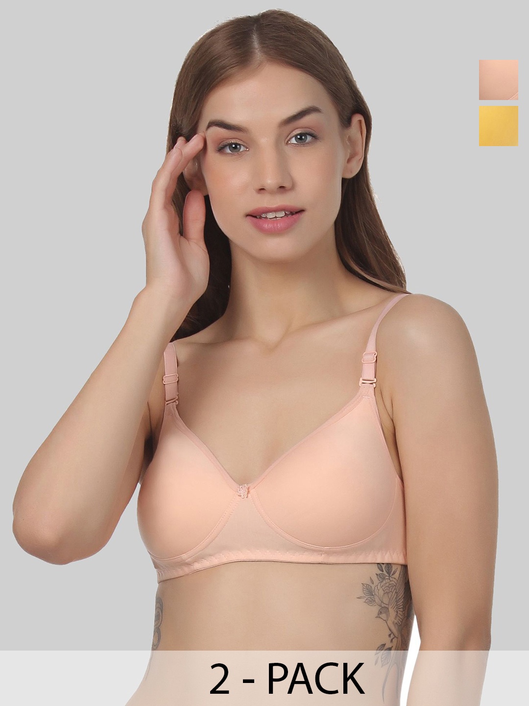

Designer Bugs Pack Of 2 Non Padded Full Coverage T-shirt Bra, Peach