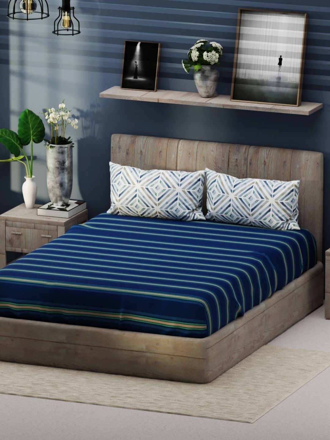 

KOPA Navy Santiago Blue & Green Striped Microfiber 200 TC King Bedsheet Set-2.31m X 2.69 m, Navy blue