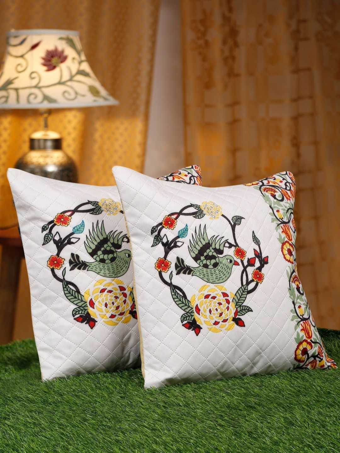 

SOKNACK White & Green 2 Pieces Floral Printed Velvet Square Cushion Covers
