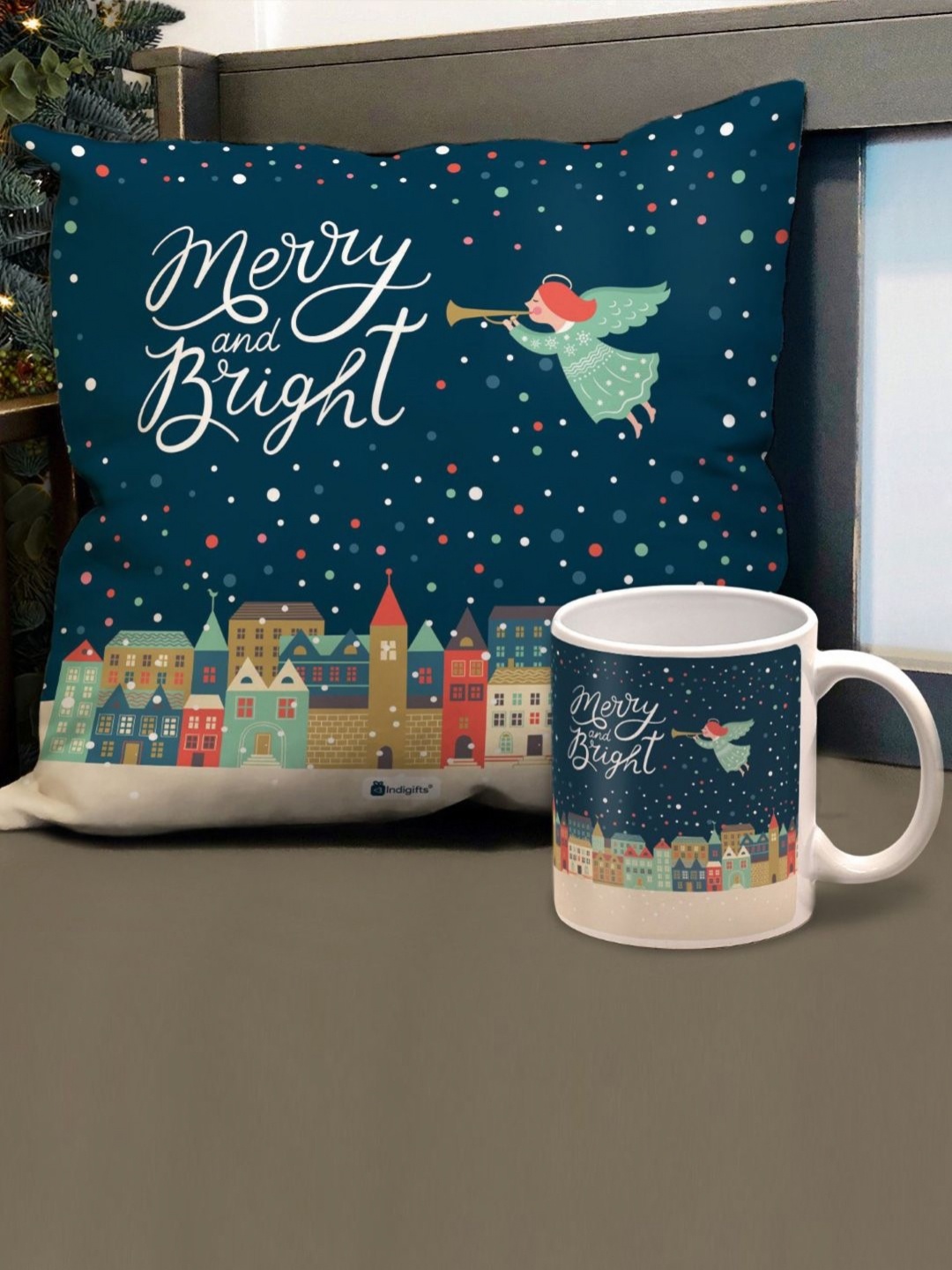 

Indigifts Blue & White Christmas Printed Cushion Cover With Filler & Coffee Mug