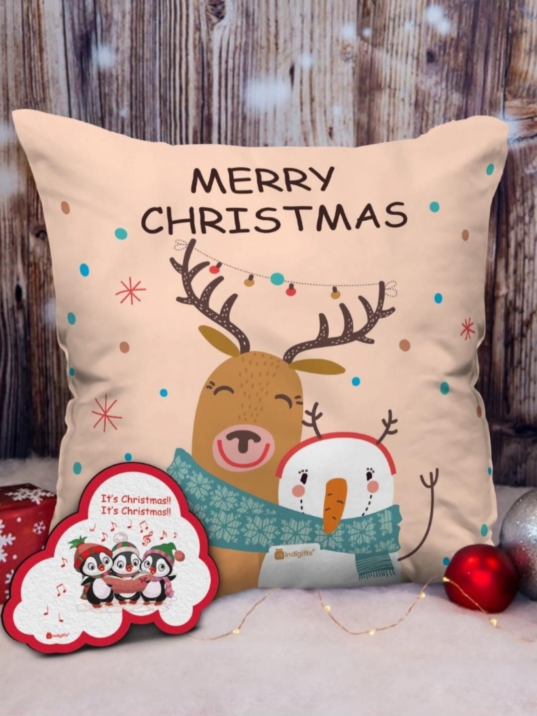 

Indigifts Beige & Brown Printed Cushion Cover With Filler & Fridge Magnet