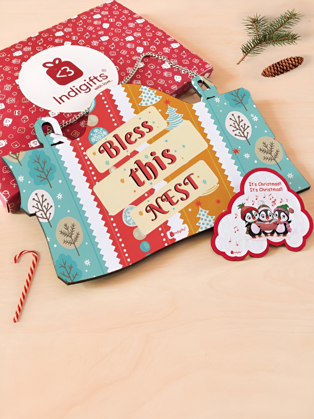 

Indigifts Blue & Red 2 Pieces Printed Wooden Wall Decor & Fridge Magnet
