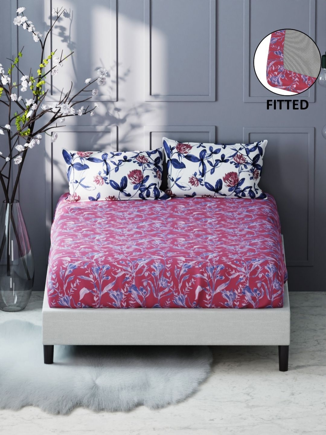 

KOPA Rose & Blue Floral 200 TC King Bedsheet with 2 Pillow Covers