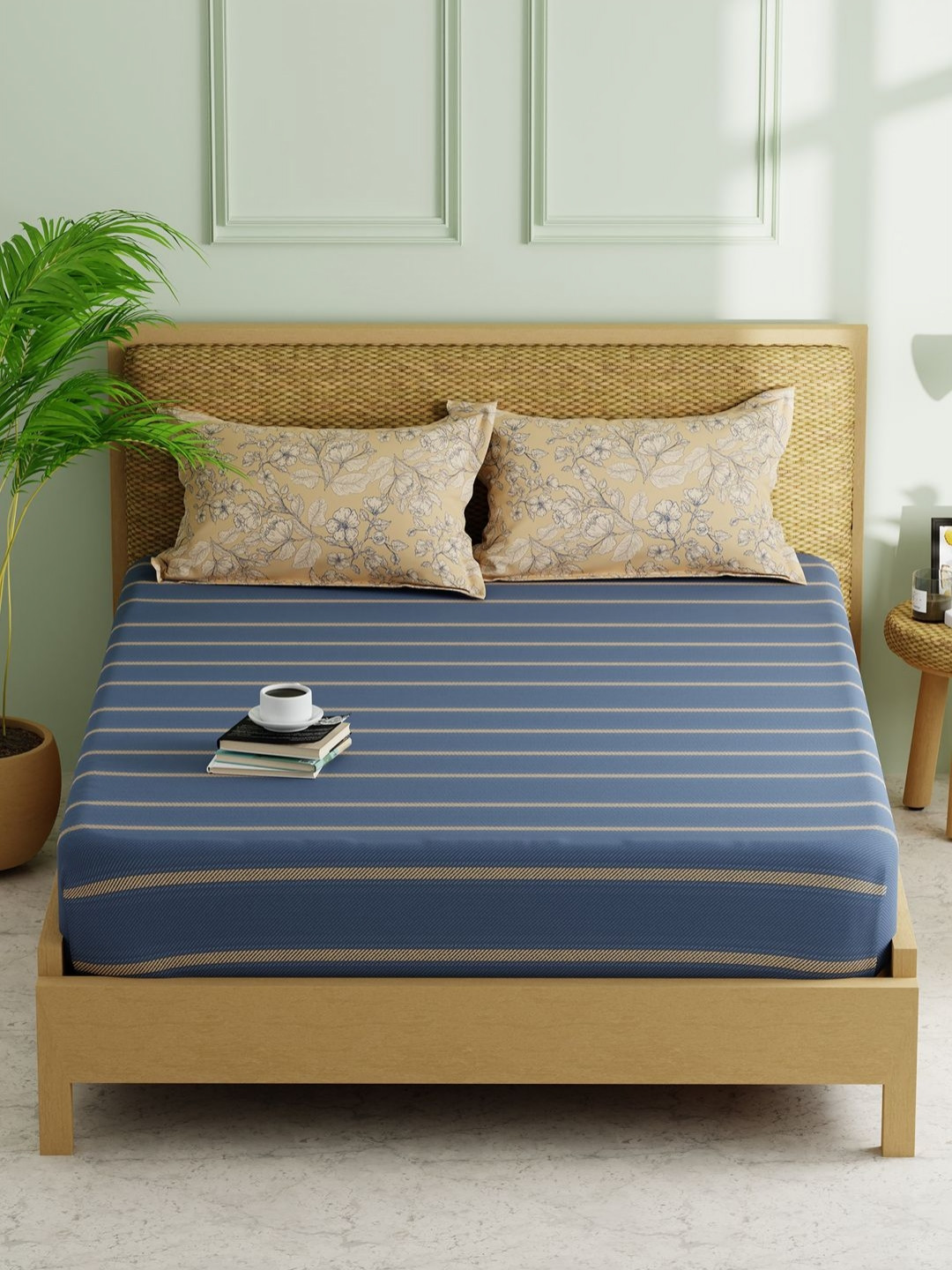 

KOPA Lorenzo Blue Striped Microfiber 152 TC Fitted Queen Bedsheet Set-1.80mX1.98 m X 25 cm