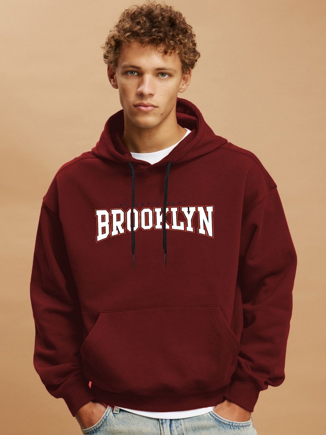 

Genzy Men Typography Printed Hooded Boxy T-shirt, Maroon