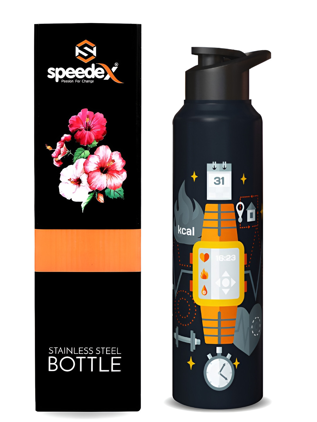 

Speedex Black & Orange Printed Stainless Steel Single Wall Vacuum Water Bottle 1L