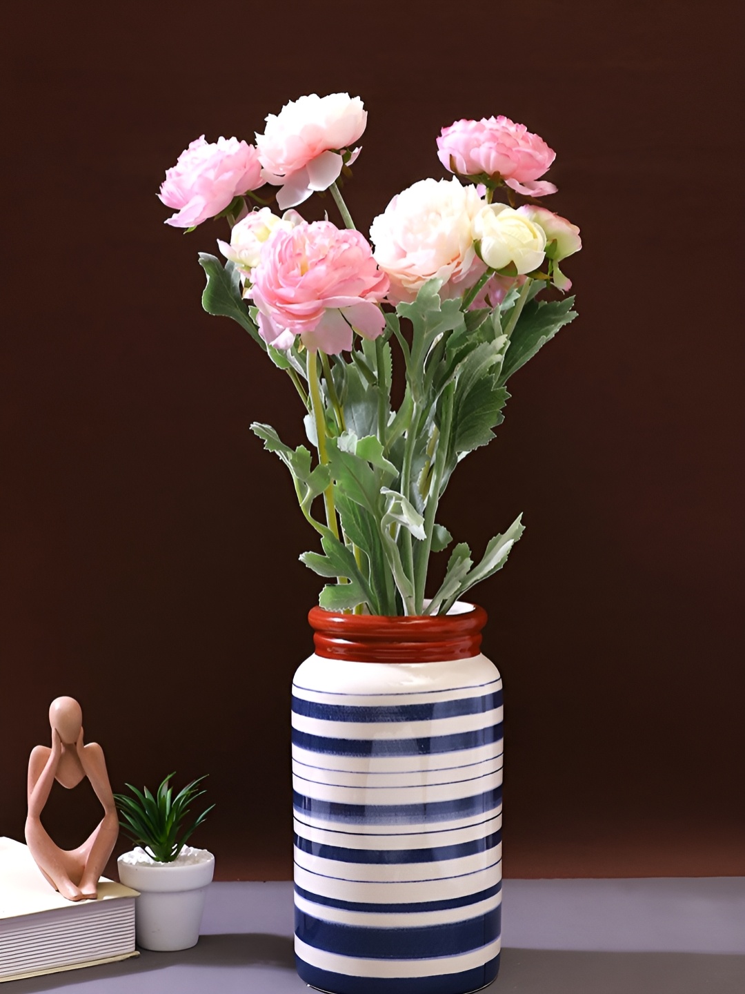 

TAYHAA White & Navy Blue Striped Ceramic Flower Vase