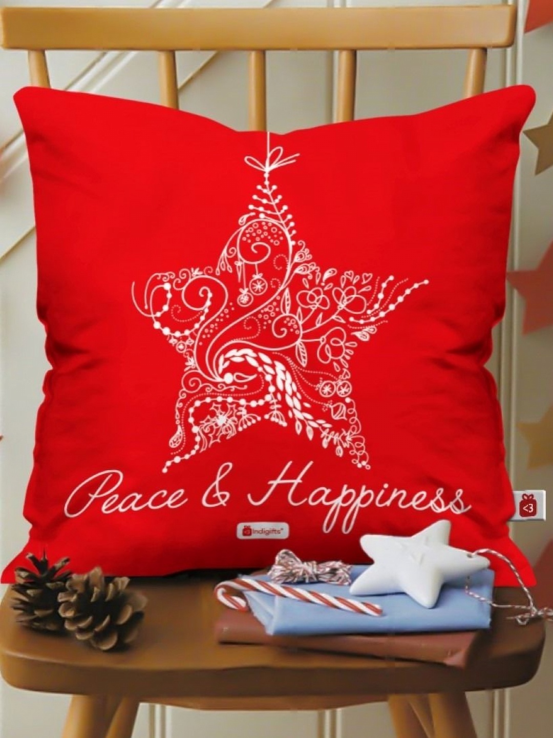 

Indigifts Red and White Christmas Star Printed Pre Filled Cushion