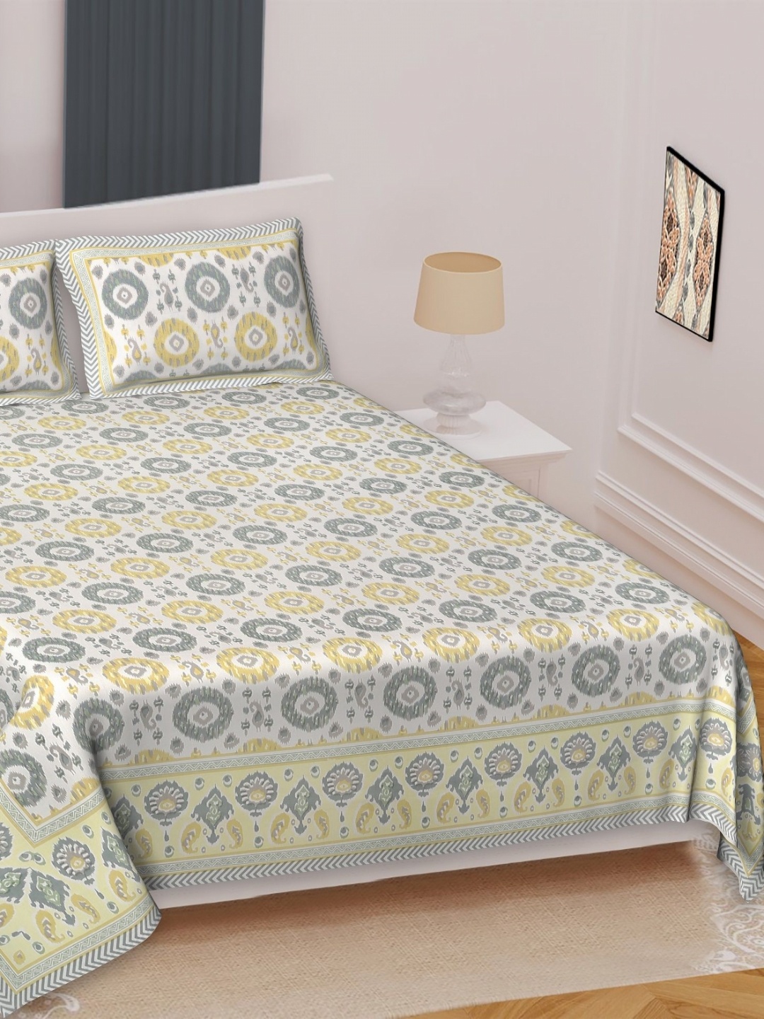 

Texstylers Yellow Ethnic Motifs 220 TC Cotton King Bedsheet Set-2.74m x2.74 m