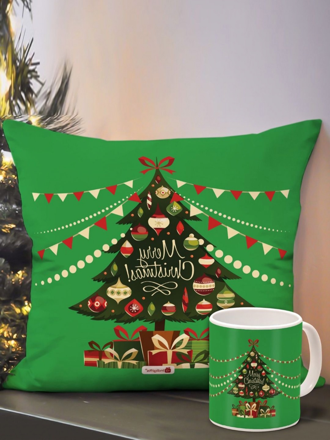 

Indigifts 2-Pcs Gifts Green Printed Cushion Cover With Filler & Coffee Mug
