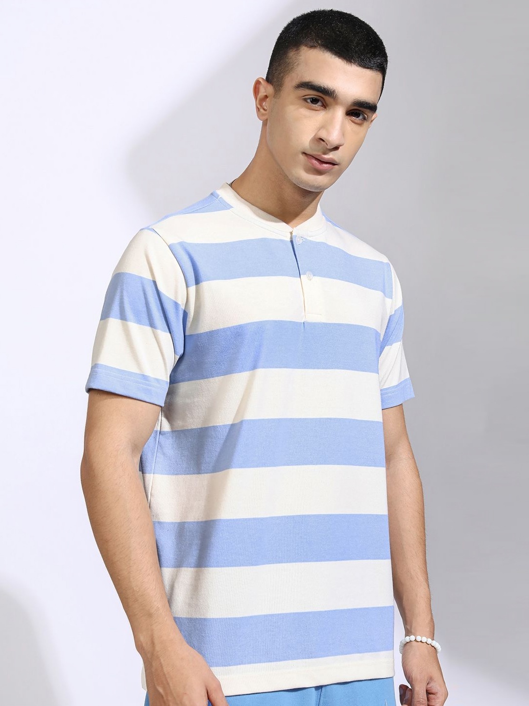 

HIGHLANDER Striped Henley Neck T-shirt, White