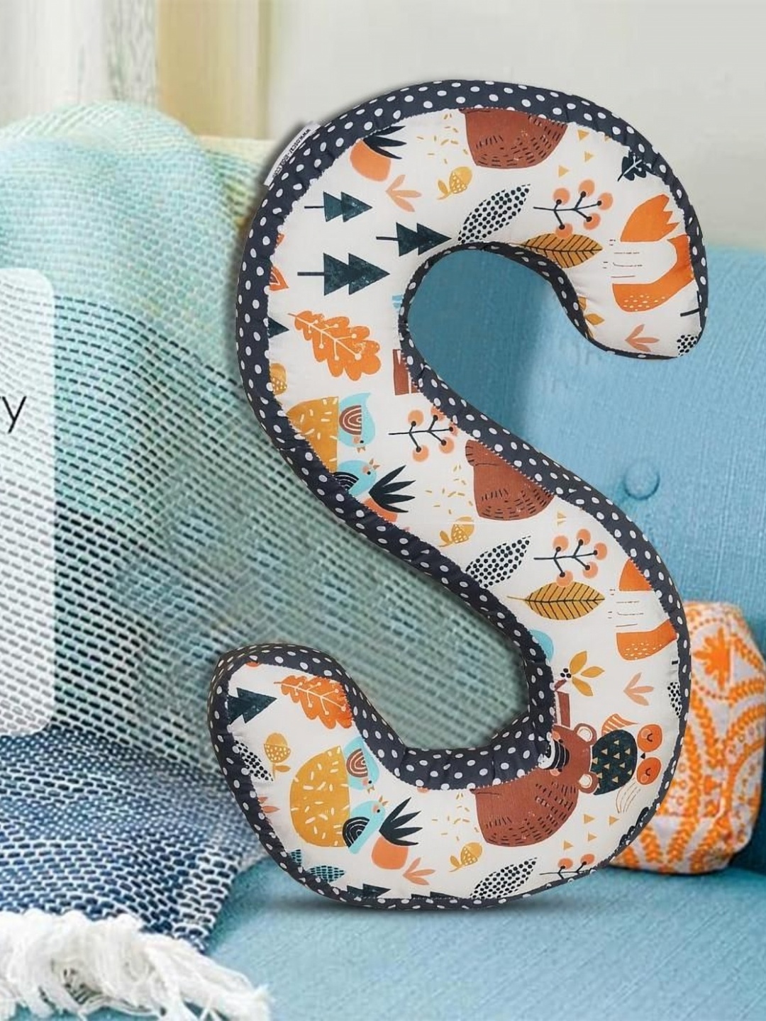 

OSCAR HOME Kids White & Blue Printed Cotton Lightweight S Shaped Baby Pillow