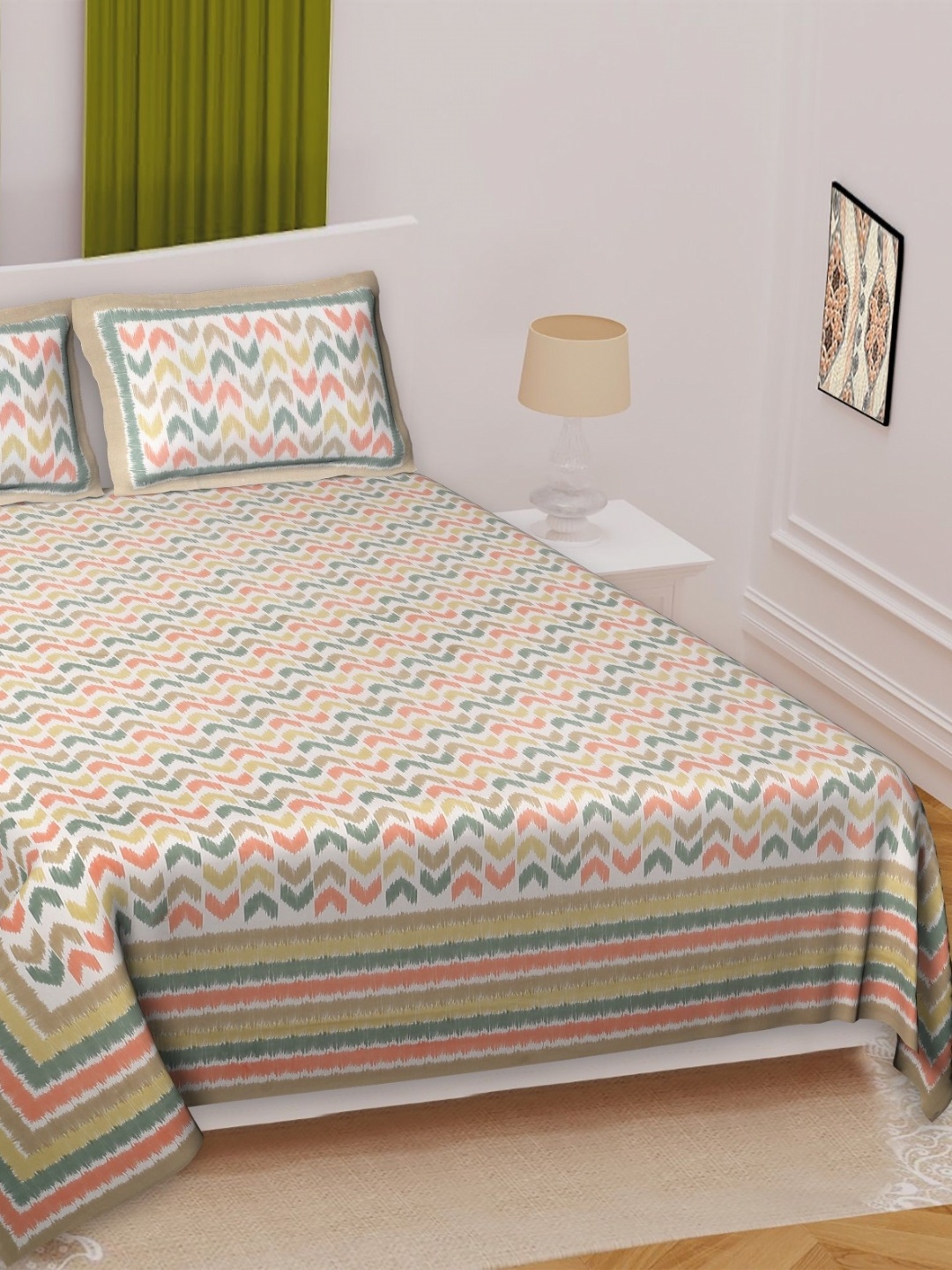 

Texstylers Green & Peach-Coloured Ethnic Cotton 220 TC Queen Bedsheet Set-2.74mx2.28m