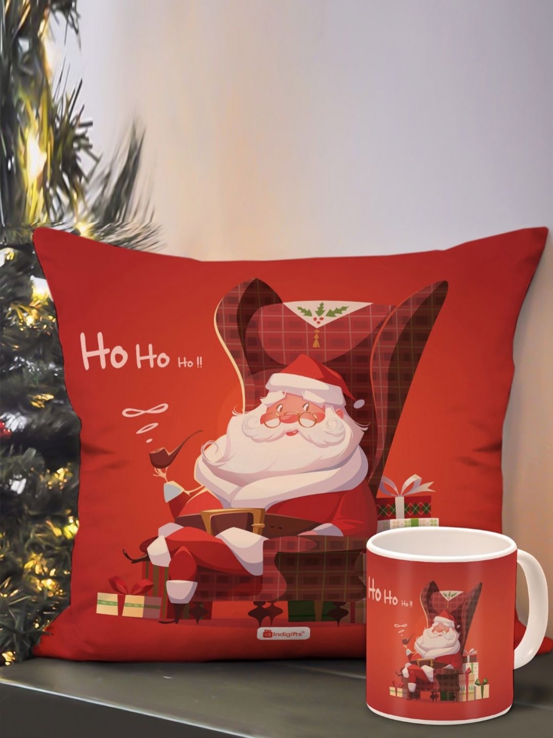 

Indigifts 2-Pcs Red & White Merry Christmas Printed Cushion Cover With Filler & Coffee Mug