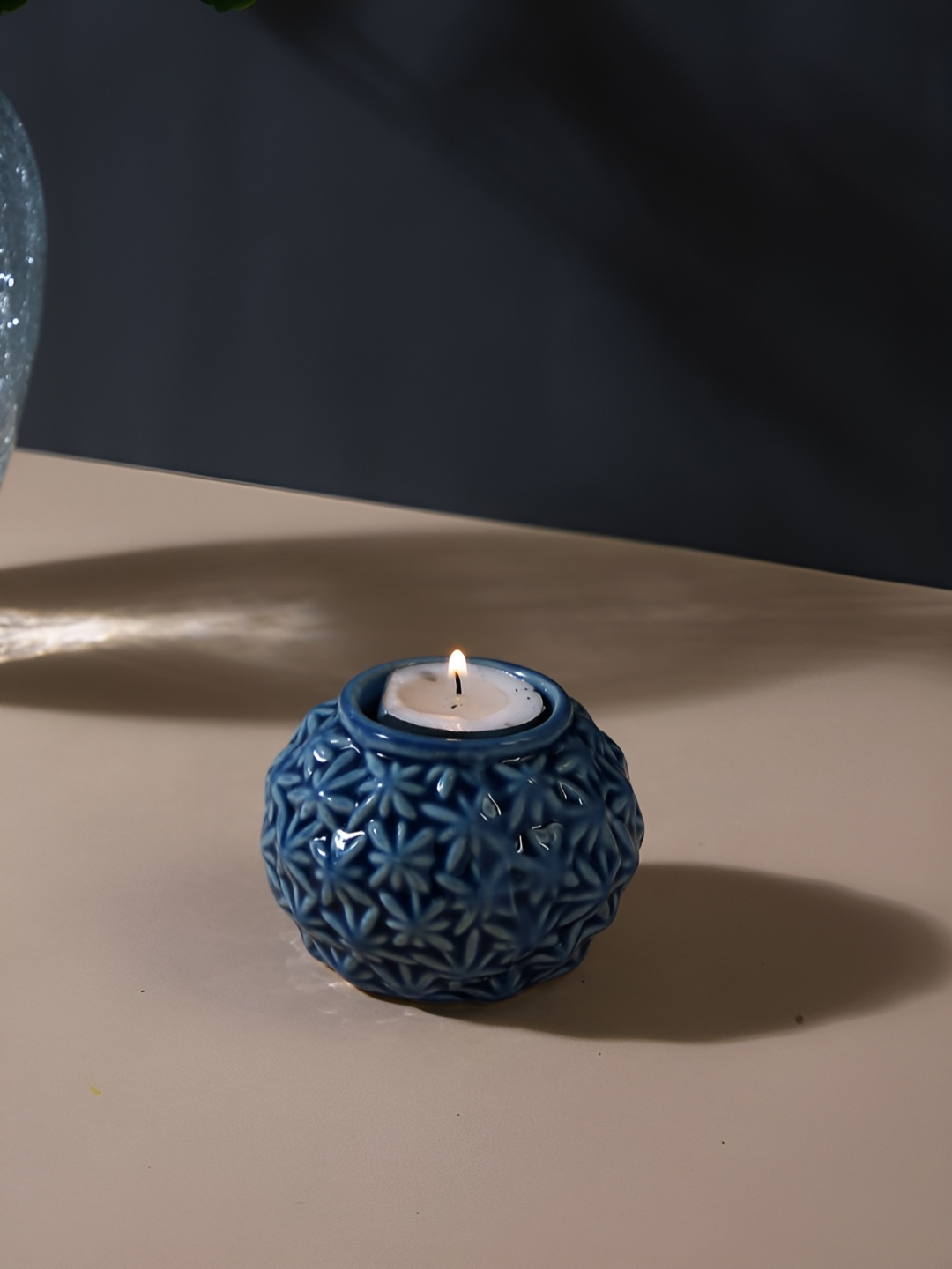 

TAYHAA Blue & White Engraved Artisan Ceramic Candle Holder