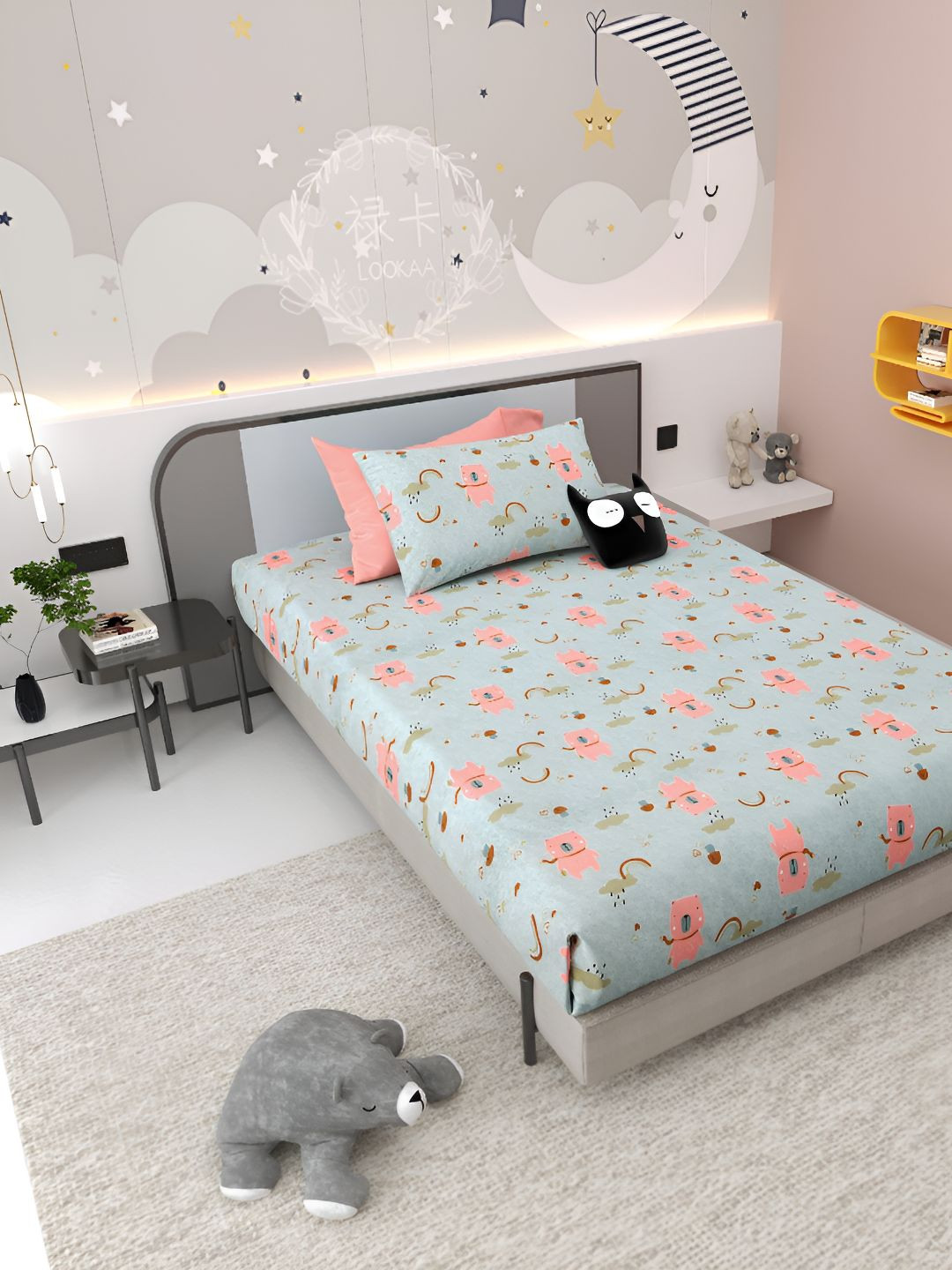 

Jinaya's Grey Teddy Printed Pure Cotton 300 TC Single Bedsheet Set 2.28 x 1.52m