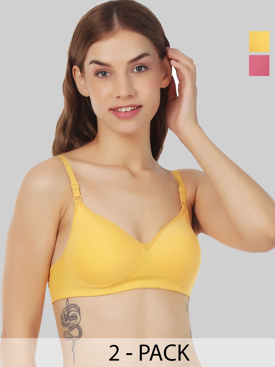 

Designer Bugs Women Pack Of 2 T-Shirt Non Padded Full Coverage Cotton Bra, Yellow