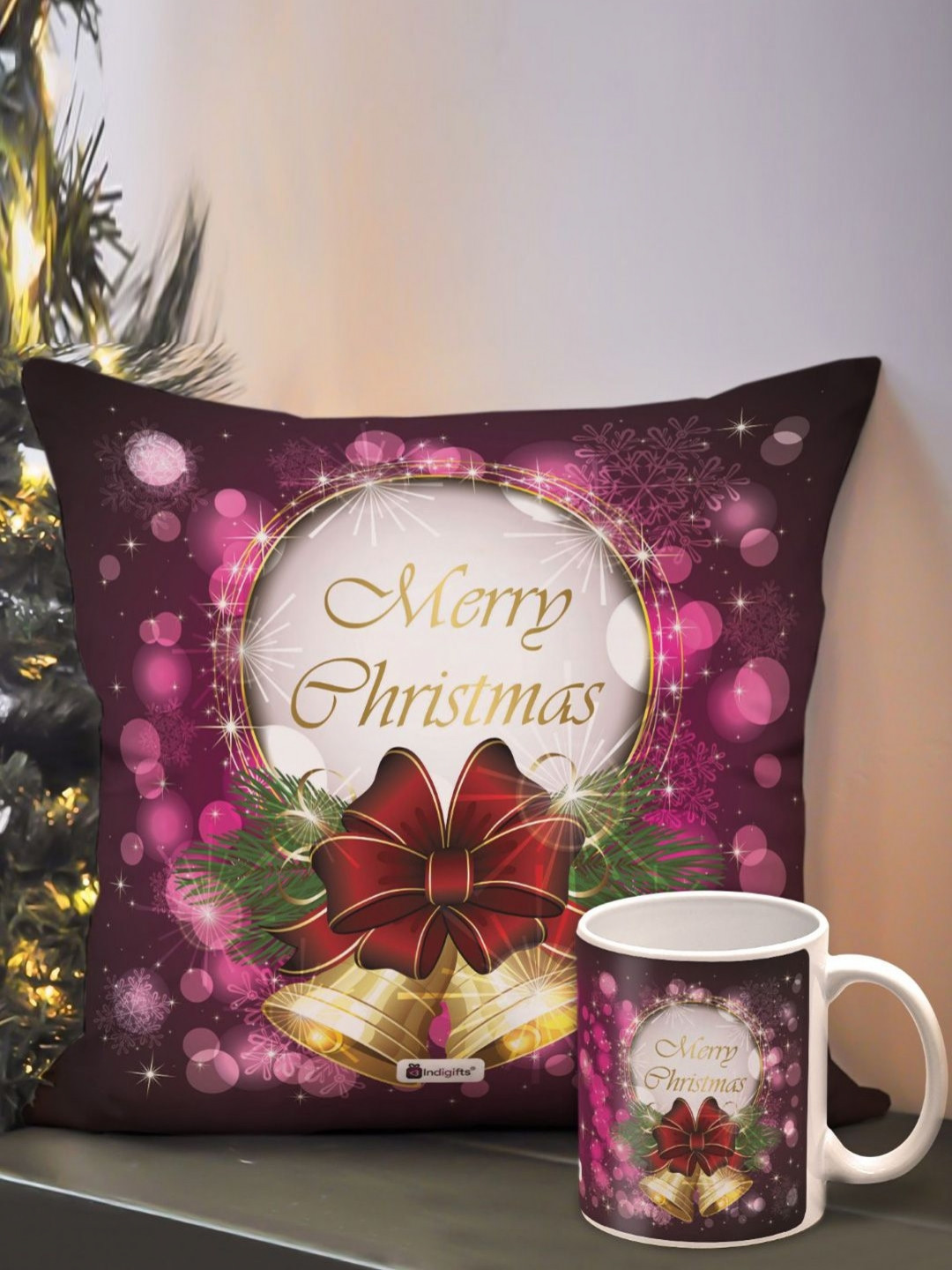 

Indigifts 2-Pcs Pink & Purple Christmas Printed Cushion Cover With Filler & Coffee Mug
