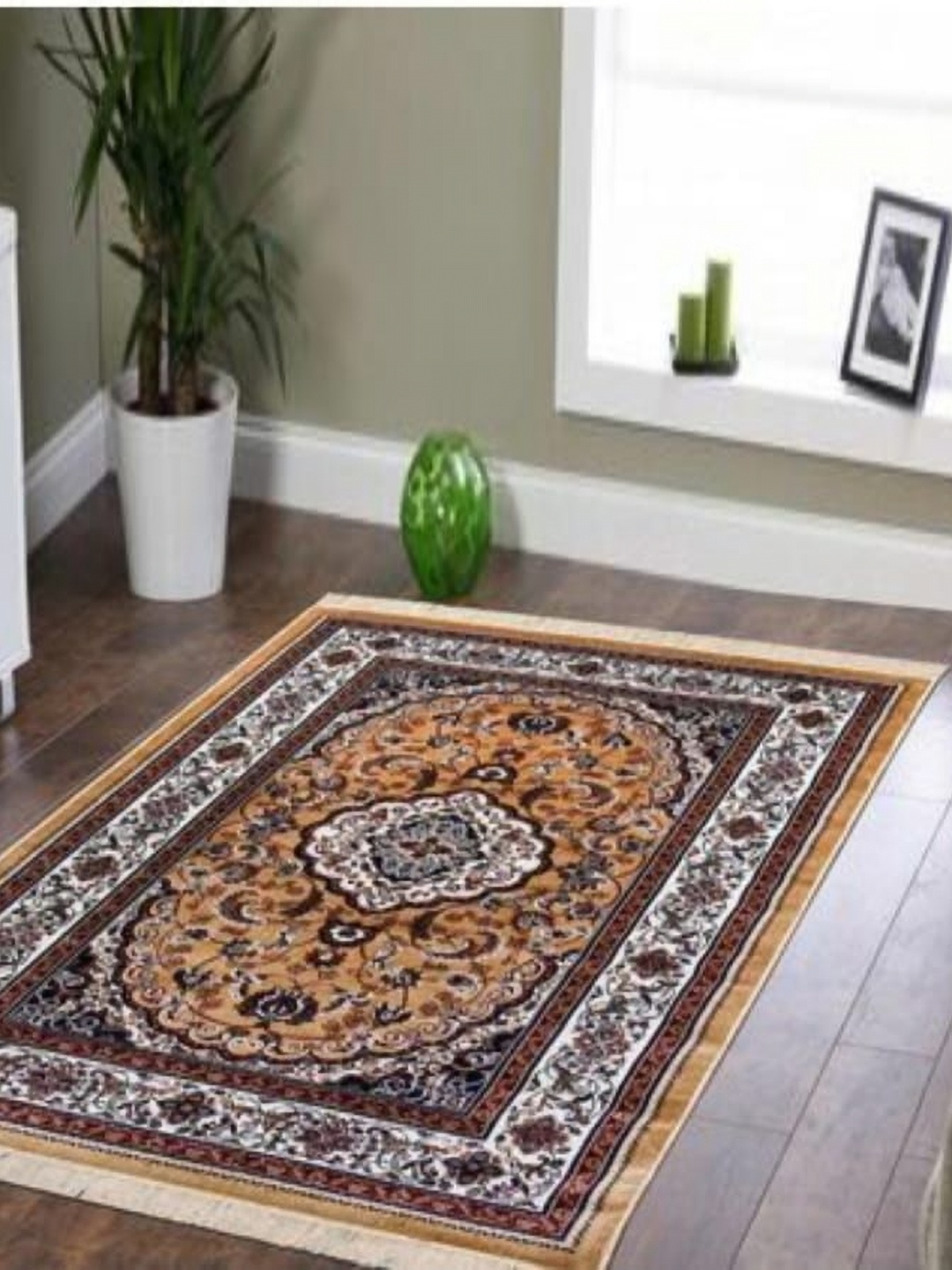 

Samjeeda Handloom carpets Brown & White Ethnic Motifs Anti-Skid Cotton Carpet