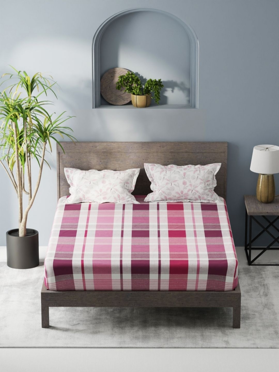 

KOPA Denim Cotton Pink Checked Microfiber 200 TC King Bedsheet Set 2.31 m X 2.54 m