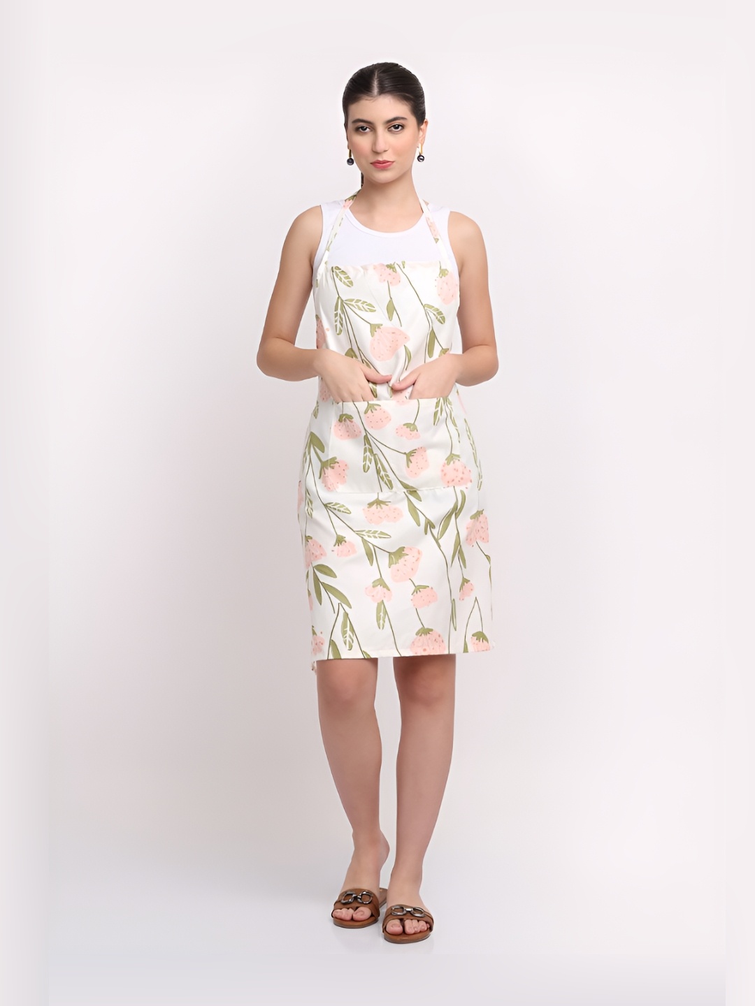 

Arrabi Off White & Green Floral Printed Cotton Aprons With Pockets