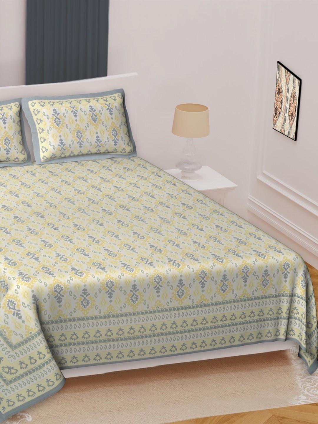 

Texstylers Yellow Ethnic Motifs Cotton 220 TC Double Queen Bedsheet Set-2.74 m x 2.28 m