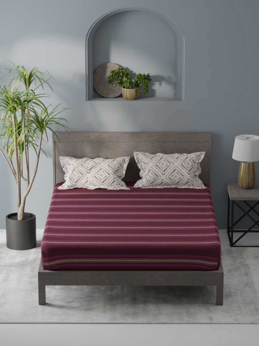 

KOPA Maroon & Beige Striped 200 TC King Bedsheet with 2 Pillow Covers