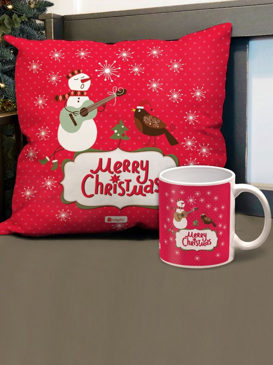 

Indigifts 2Pcs Red &White Merry Christmas Printed Cushion Cover With Filler & Coffee Mug