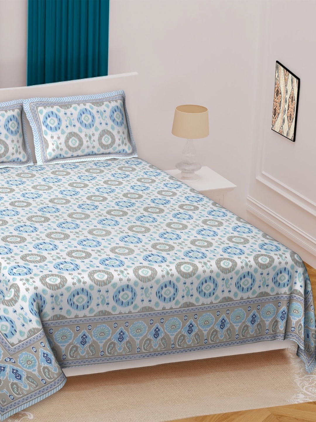 

Texstylers Blue Ethnic Motifs 220 TC Cotton King Bedsheet Set-2.74m x2.74 m