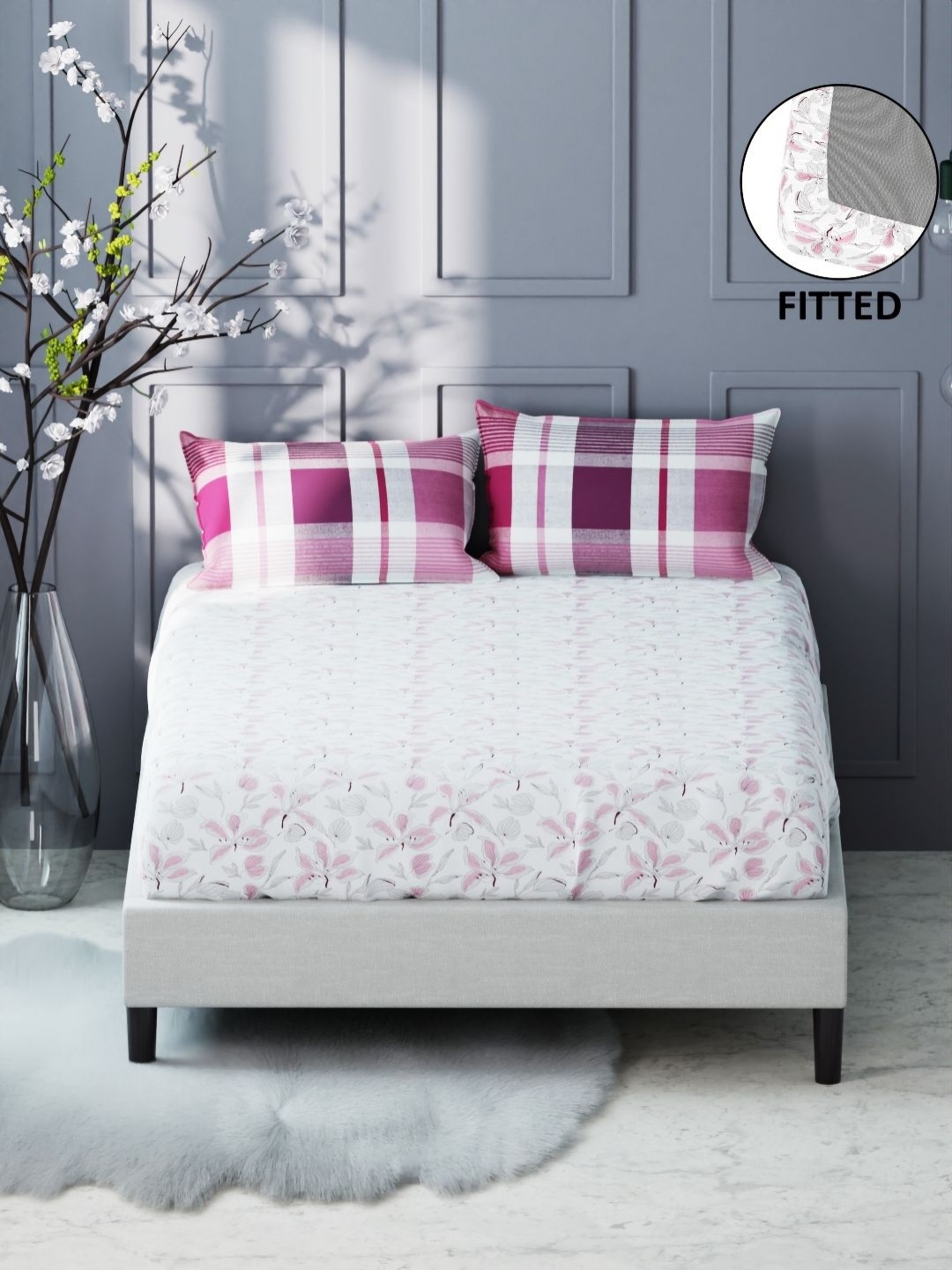 

KOPA Fairmont White Floral Microfiber 200 TC Fitted King Bedsheet Set-1.80m X 1.98m X 25cm