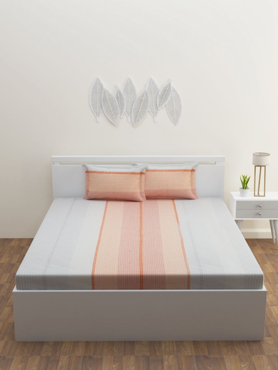 

HAPPY HUES Pink & Grey Striped 180 TC King Bedsheet Set 2.74 m x 2.74 m