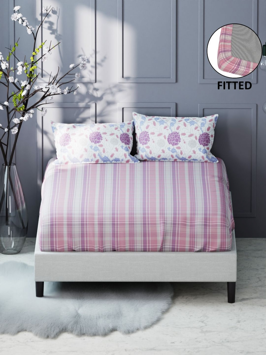 

KOPA Fairmont Pink Geometric Microfiber 200 TC Fitted King Bedsheet Set-1.80mX1.98mX25cm