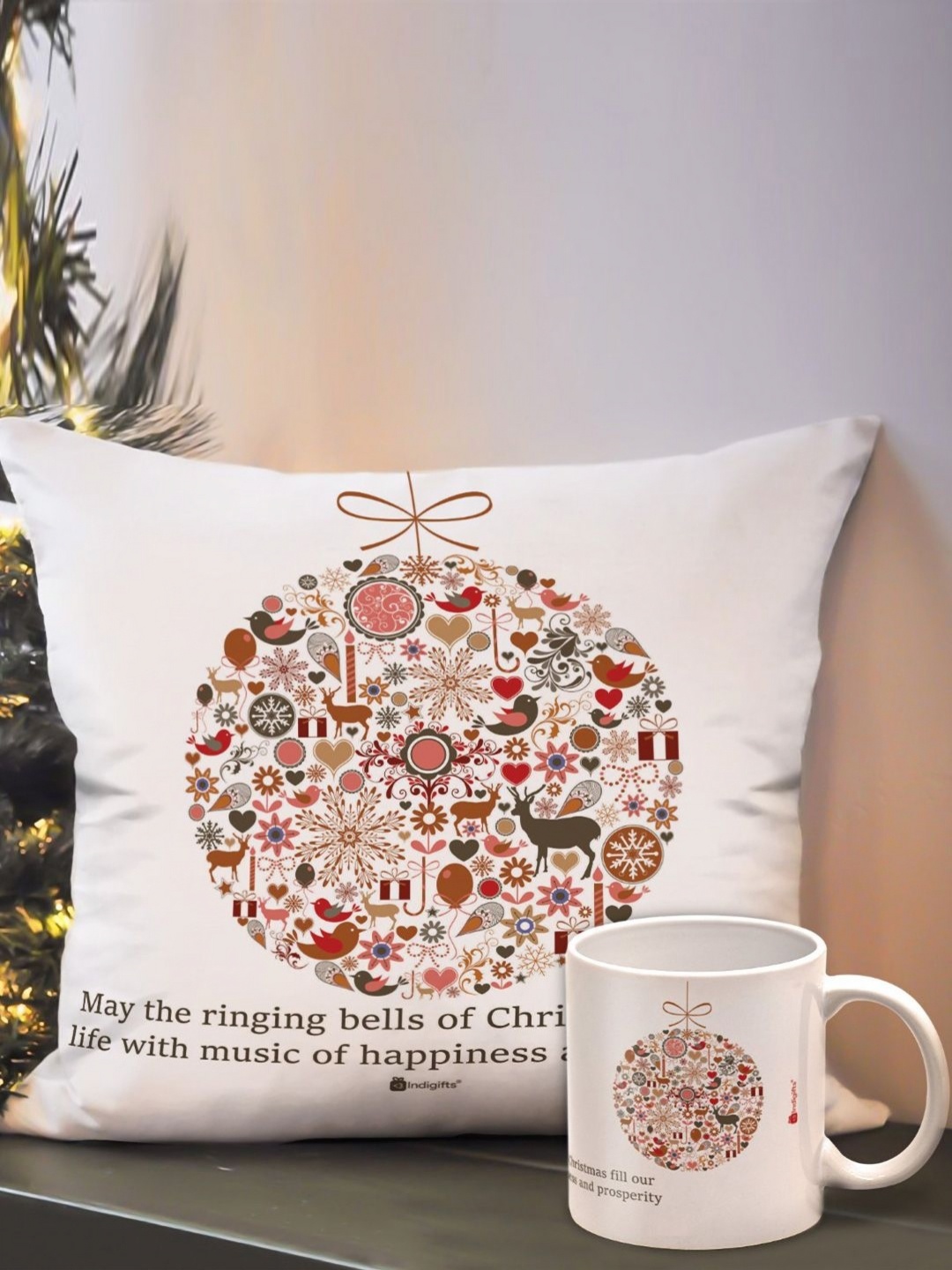 

Indigifts White & Red 2 Pieces Christmas Printed Cushion Cover With Filler & Coffee Mug