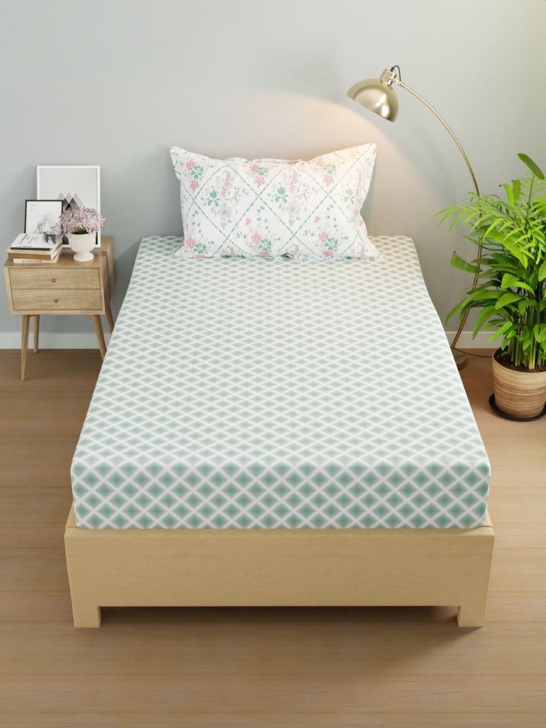 

KOPA Rivera Green & White Geometric Microfiber 200 TC Single Bedsheet Set-1.50 m X 2.24 m