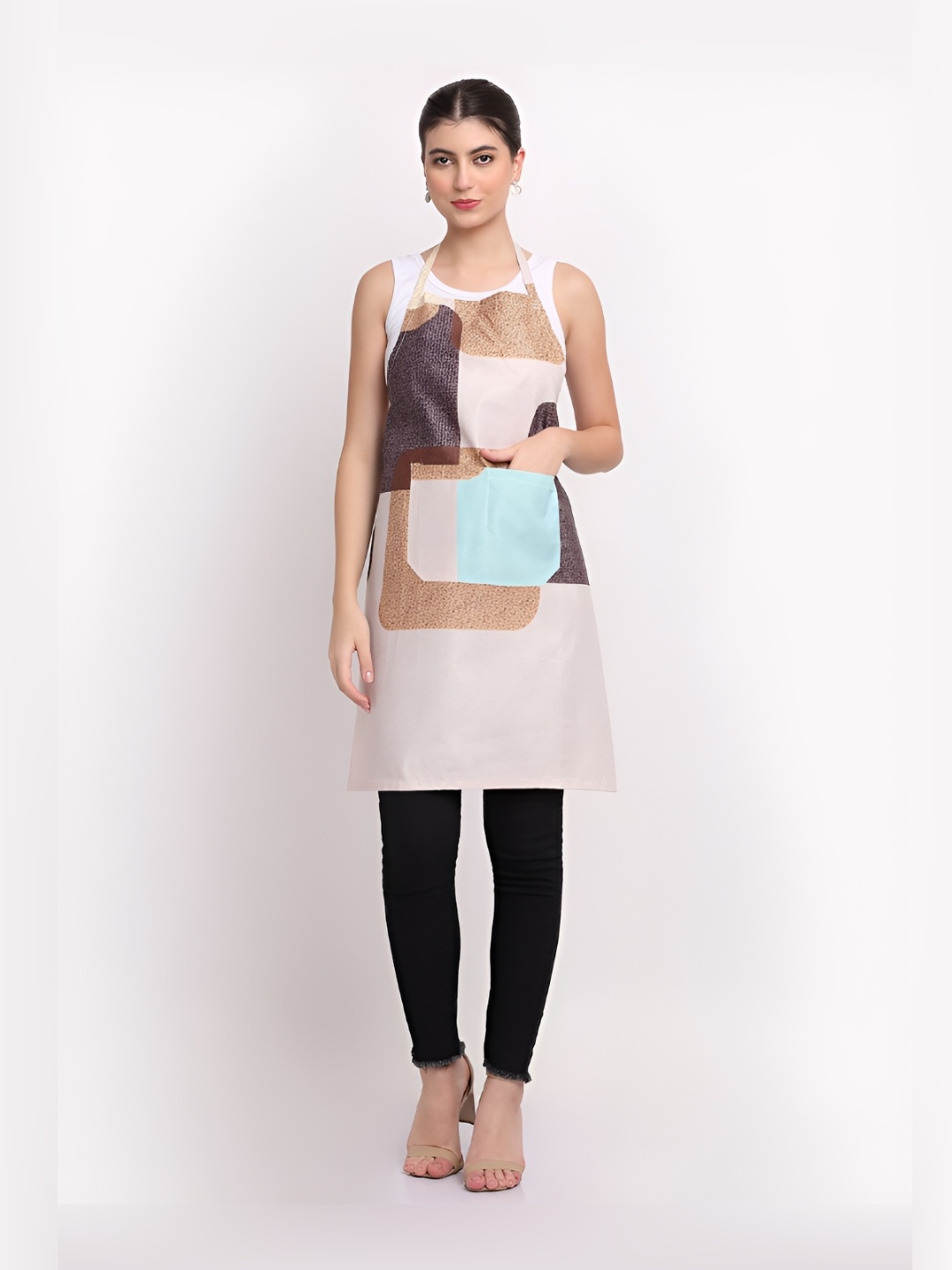 

Arrabi Brown & Blue Geometric Printed Cotton Aprons With 2 Patch Pockets