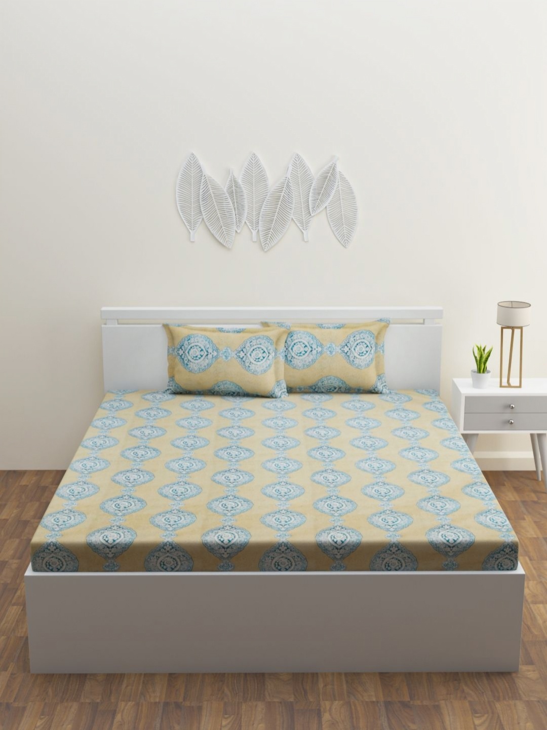 

HAPPY HUES Cream-Coloured & Blue Ethnic Motifs 180 TC King Bedsheet Set 2.74 m x 2.74 m