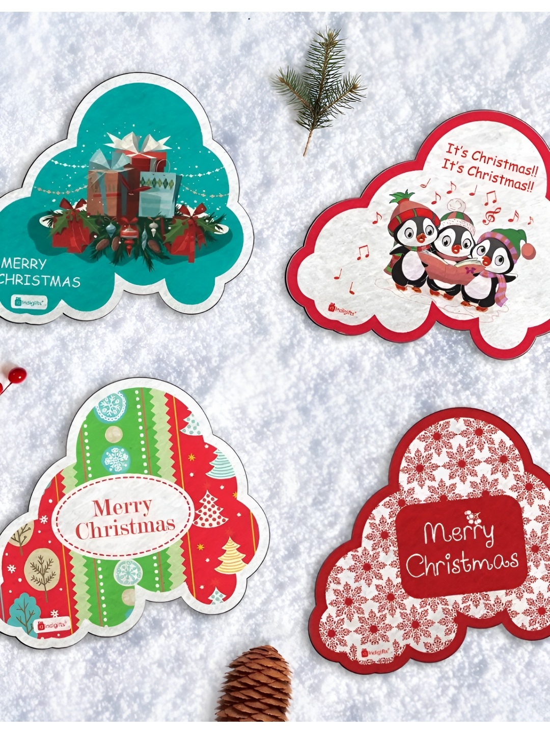 

Indigifts Maroon & Green 4 Pieces Christmas Quote Printed Decorative Magnets