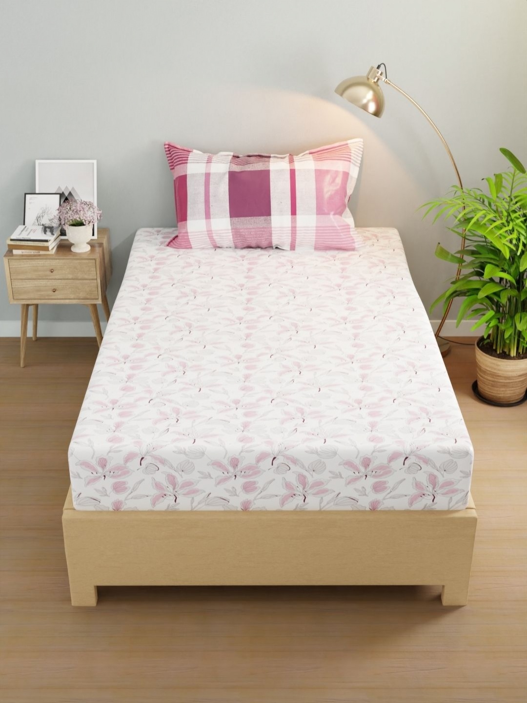

KOPA Rivera White & Pink Floral Microfiber 200 TC Single Bedsheet Set-1.50 m X 2.24 m