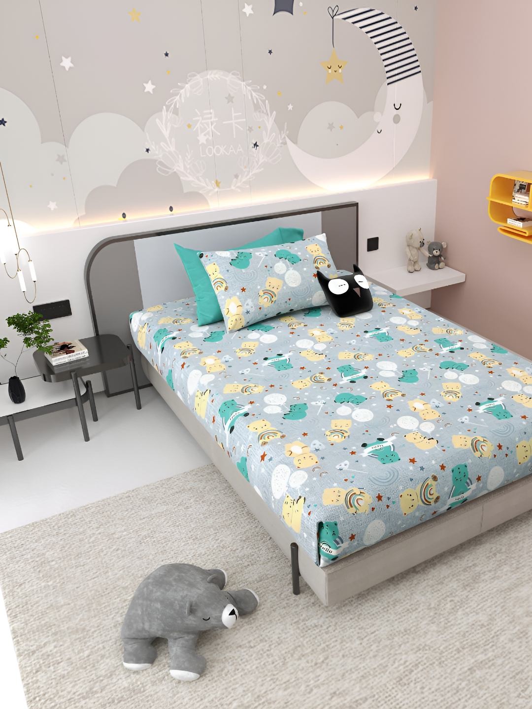 

Jinaya's Blue Teddy Printed Pure Cotton 300 TC Single Bedsheet Set 2.28 x 1.52m