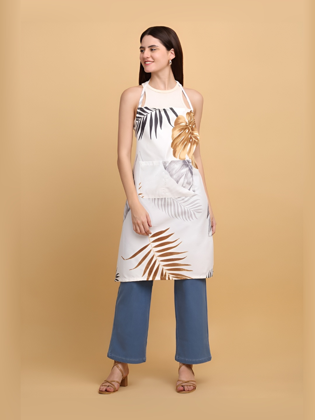 

Arrabi White & Grey Leaf Printed Cotton Aprons With 2 Patch Pockets