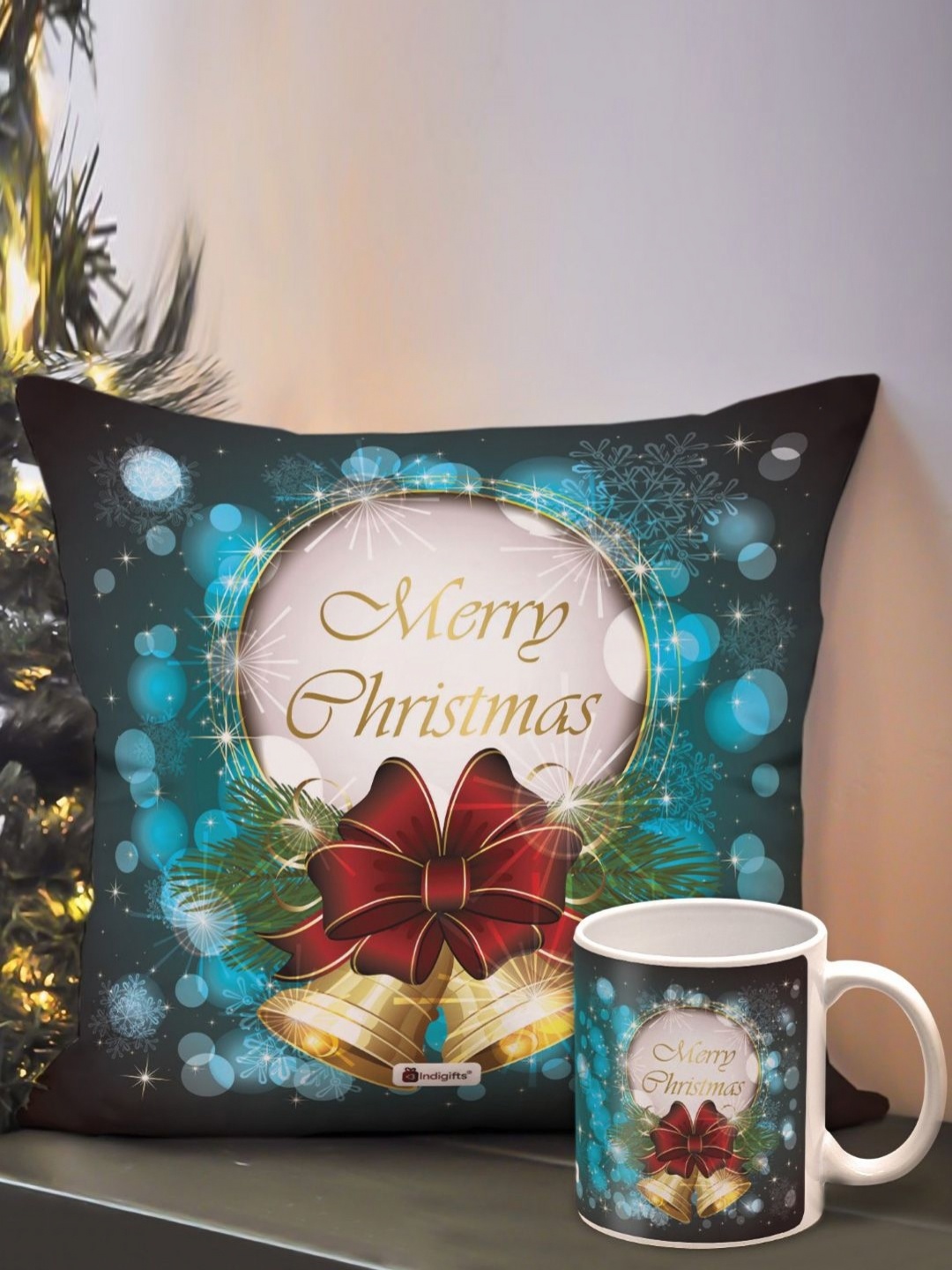 

Indigifts 2Pcs Blue &White Merry Christmas Printed Cushion Cover With Filler & Coffee Mug